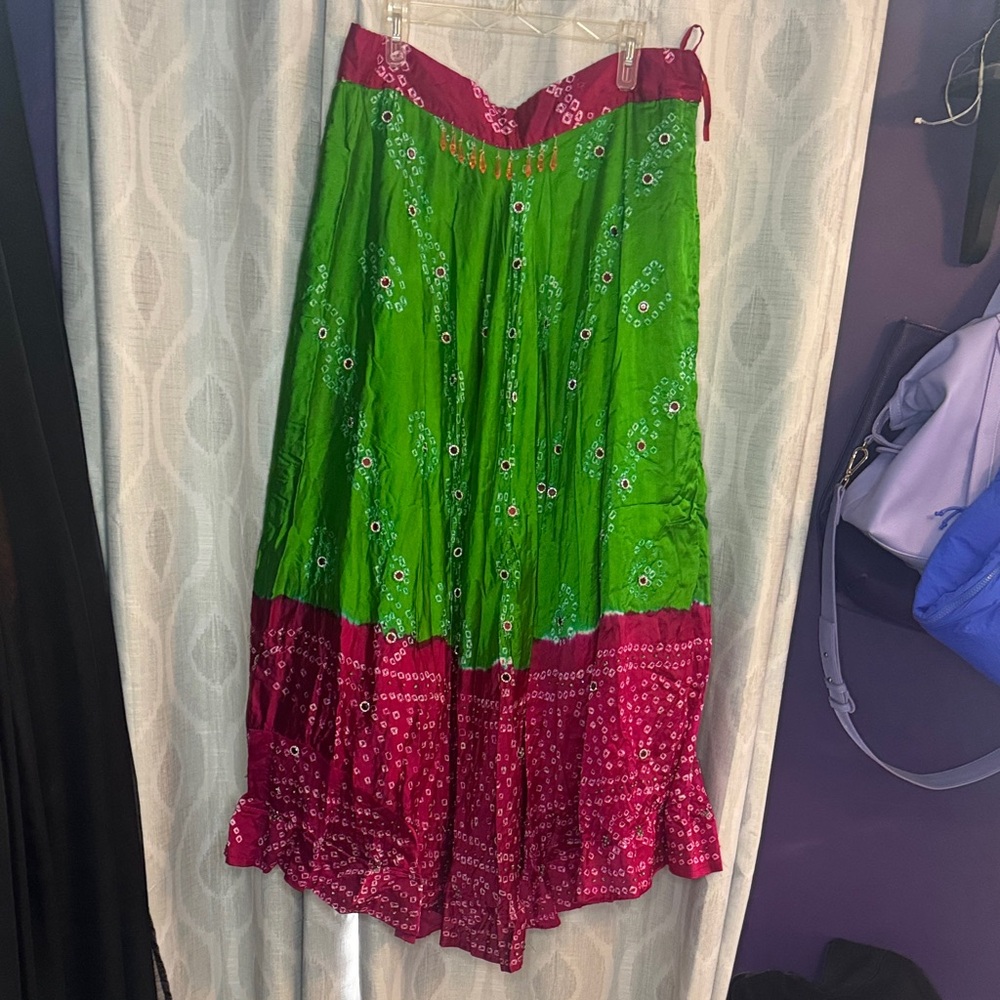 Handmade Indian Ethnic Skirt Vibrant Green and Pink Size XL
